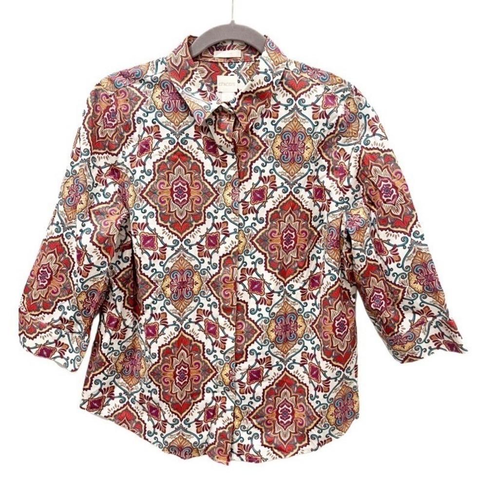 Chico's No-Iron Vibrant Multicolor Medallion Paisley 3/4 Button Down Top 10